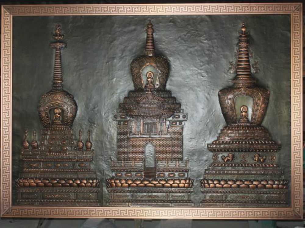 三佛塔紫铜锻造浮雕